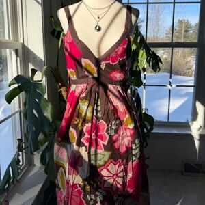 Vintage Floral Pink and Brown Midi Dress